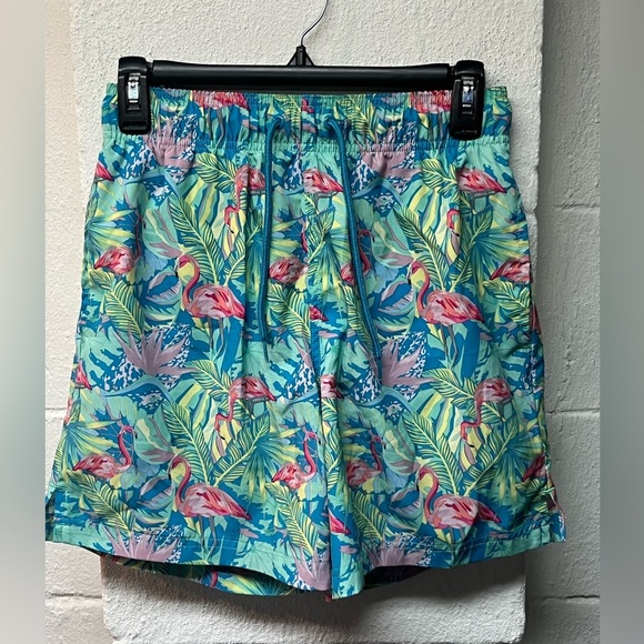 George Mens Swim Trunks Small Green Flamingos Tropical Pattern. - Picture 1 of 4